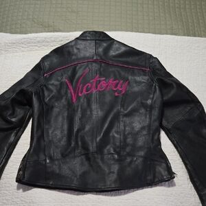 Victory Black Leather Jacket with Pink Detail Womens Medium Moto Biker Goth Bro
